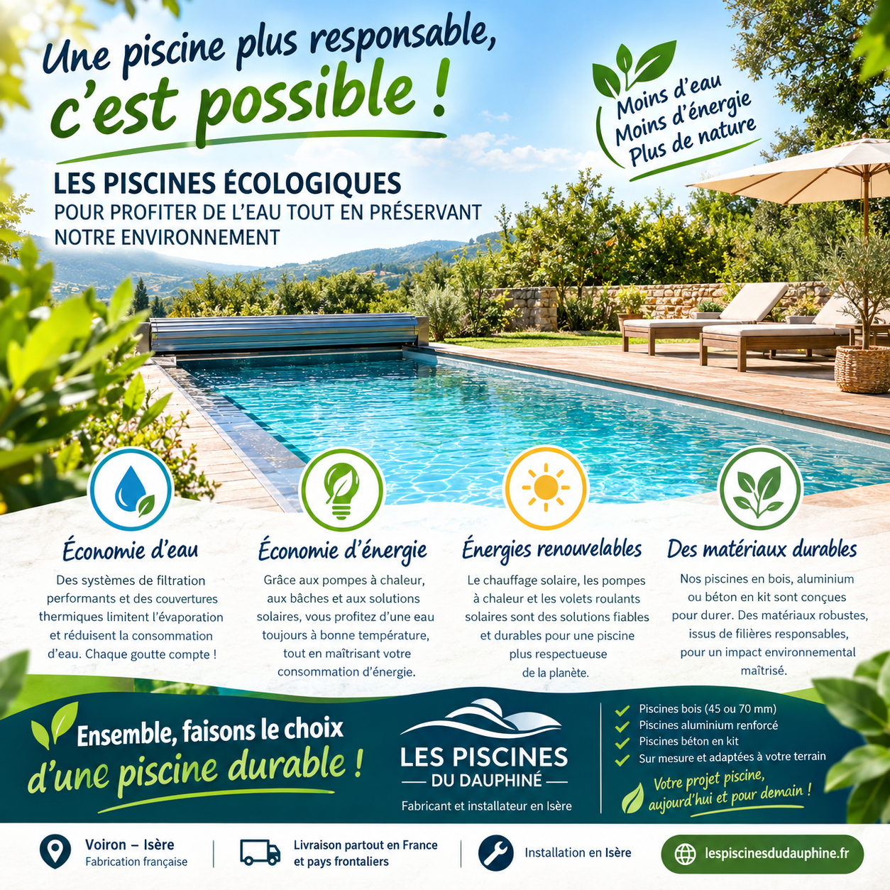 Piscines écologiques : comment Les Piscines du Dauphiné réduisent l’eau, l’énergie et l’empreinte carbone